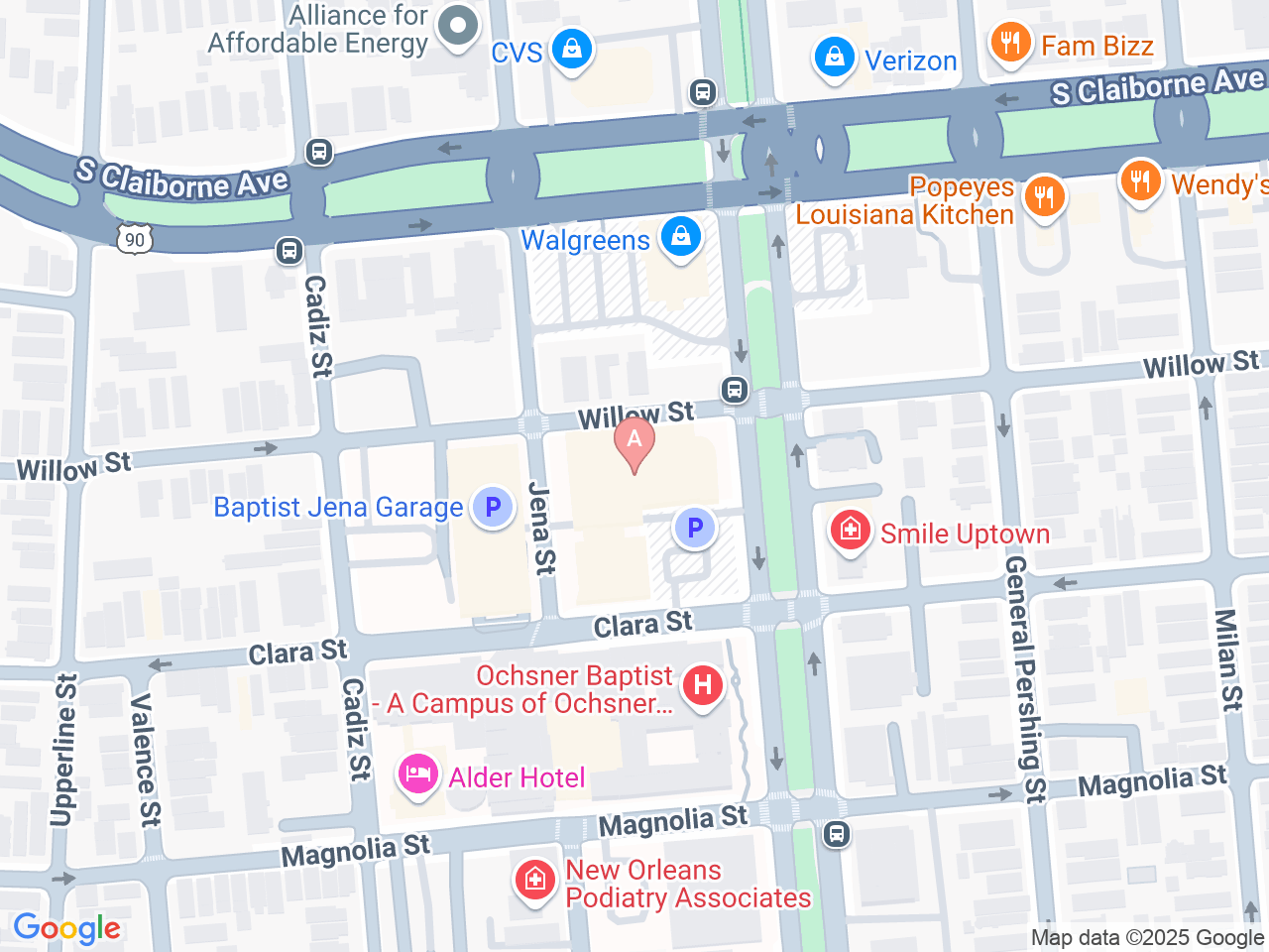 Map of Ochsner-affiliated facilities that provide services related to Ochsner Baptist Women’s Walk-In Care