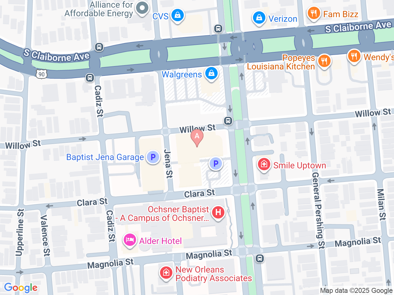 Map of Ochsner-affiliated facilities that provide services related to Ochsner Baptist Women’s Walk-In Care