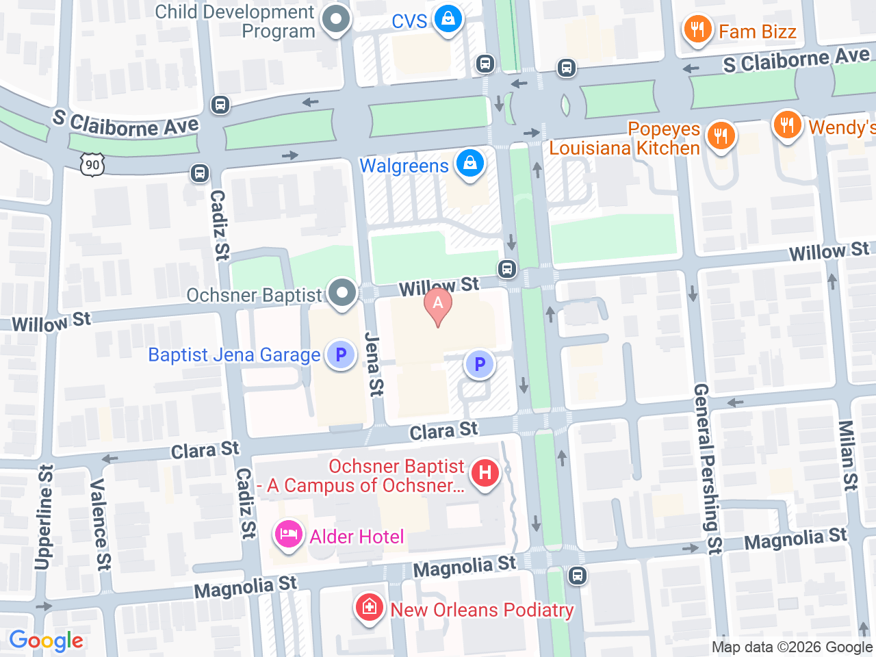 Map of Ochsner-affiliated facilities that provide services related to Ochsner Baptist Women’s Walk-In Care