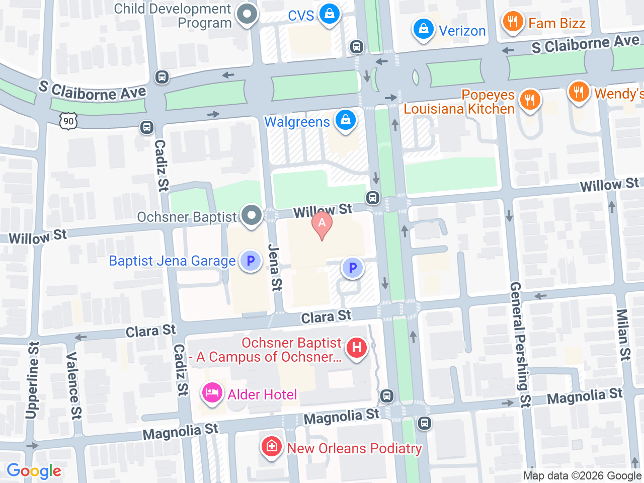 Map of Ochsner-affiliated facilities that provide services related to Ochsner Baptist Women’s Walk-In Care