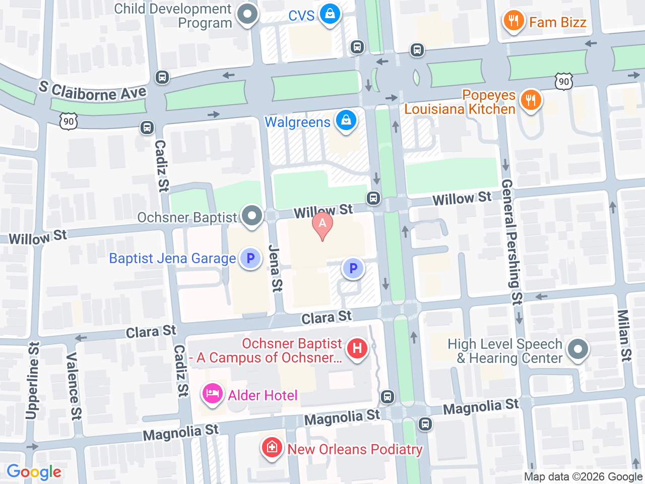 Map of Ochsner-affiliated facilities that provide services related to Ochsner Baptist Women’s Walk-In Care