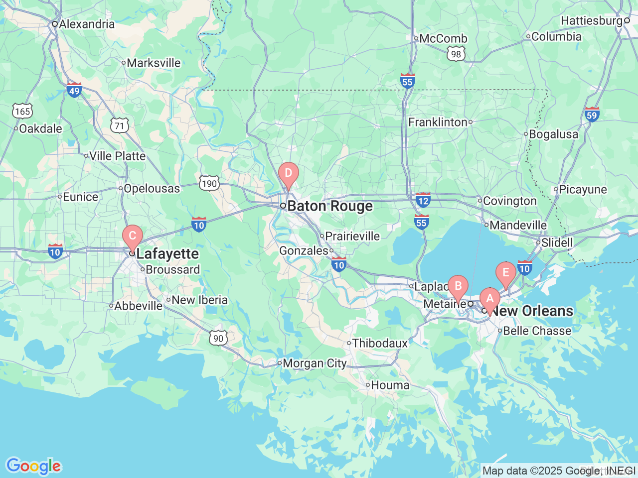 Map of Ochsner-affiliated facilities that provide services related to Ochsner Community Health