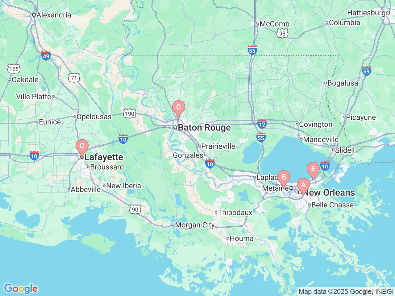 Map of Ochsner-affiliated facilities that provide services related to Ochsner Community Health