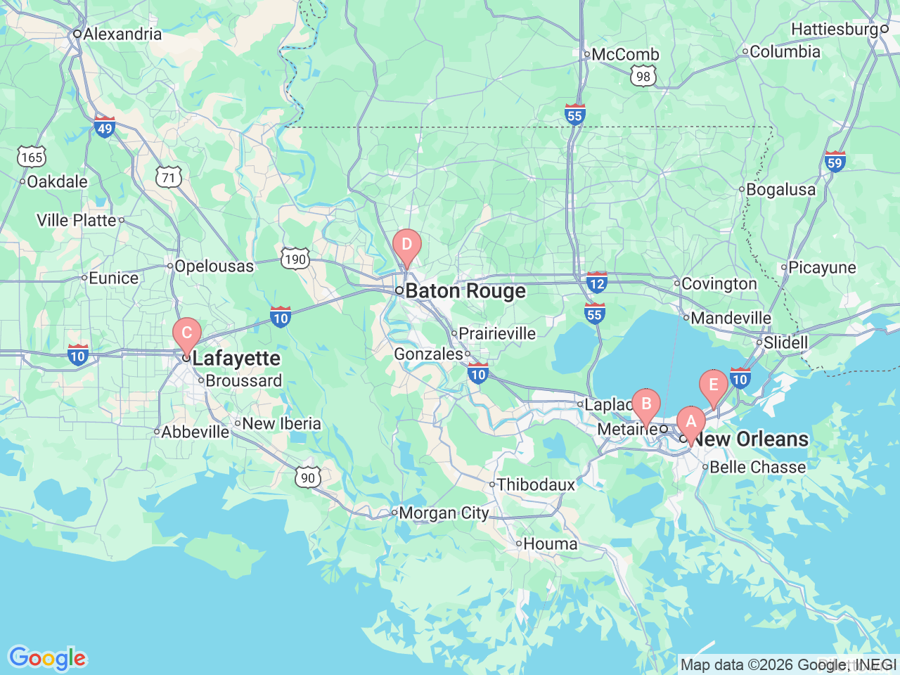 Map of Ochsner-affiliated facilities that provide services related to Ochsner Community Health