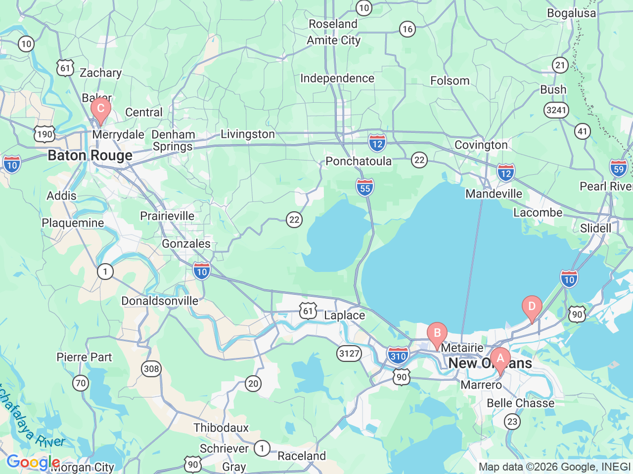 Map of Ochsner-affiliated facilities that provide services related to Ochsner Community Health