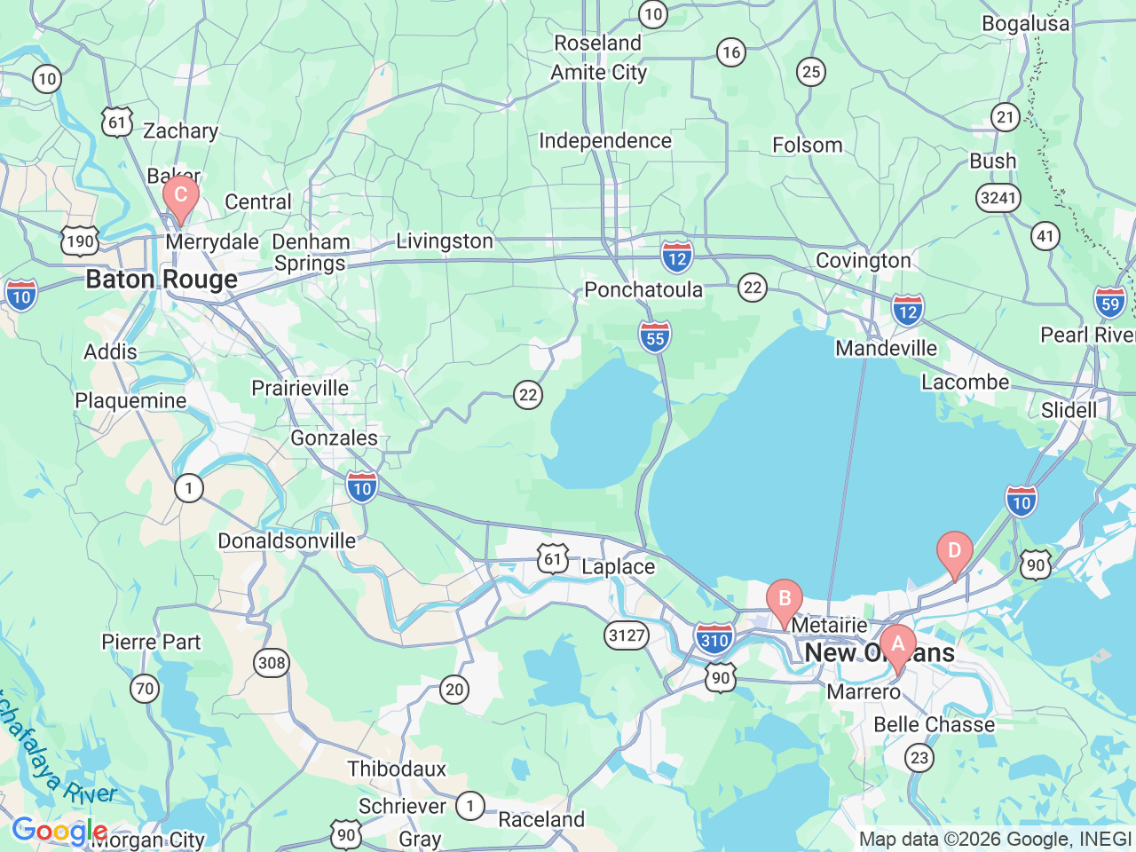 Map of Ochsner-affiliated facilities that provide services related to Ochsner Community Health