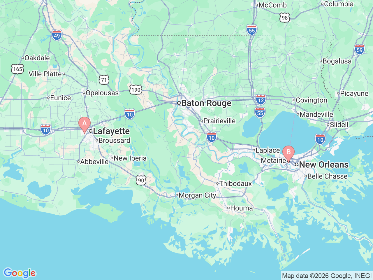 Map of Ochsner-affiliated facilities that provide services related to Extended Care Hospital