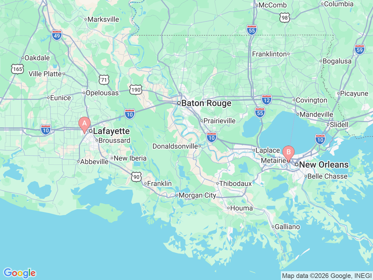 Map of Ochsner-affiliated facilities that provide services related to Extended Care Hospital