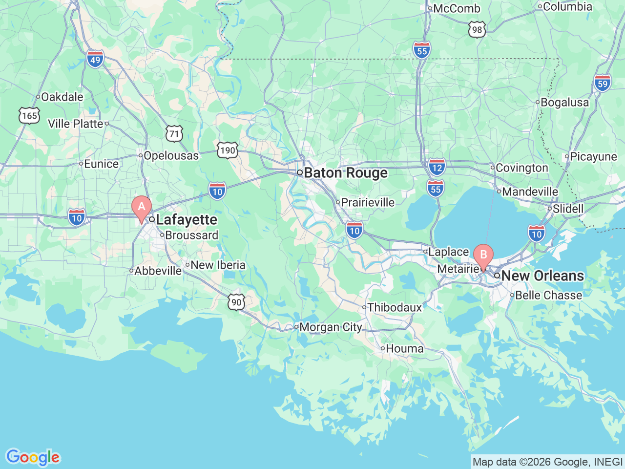 Map of Ochsner-affiliated facilities that provide services related to Extended Care Hospital