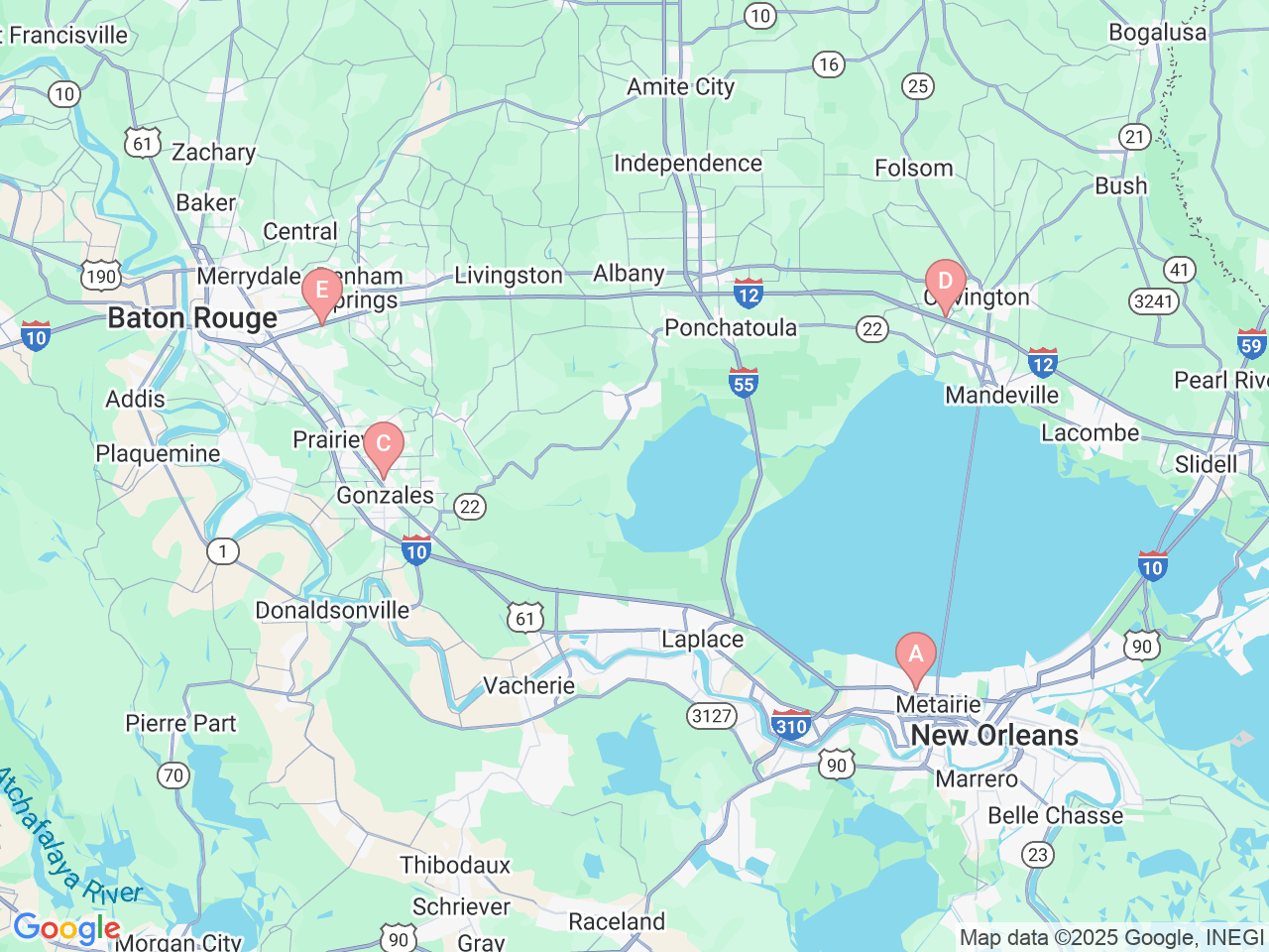 Map of Ochsner-affiliated facilities that provide services related to Ochsner Healthy Back