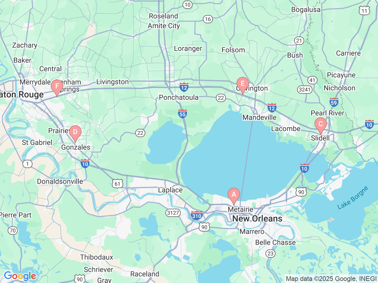 Map of Ochsner-affiliated facilities that provide services related to Ochsner Healthy Back