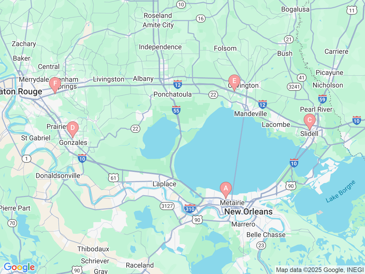 Map of Ochsner-affiliated facilities that provide services related to Ochsner Healthy Back