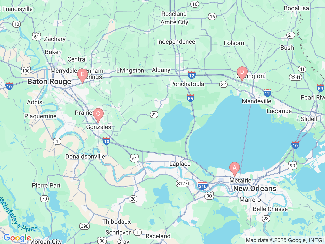 Map of Ochsner-affiliated facilities that provide services related to Ochsner Healthy Back