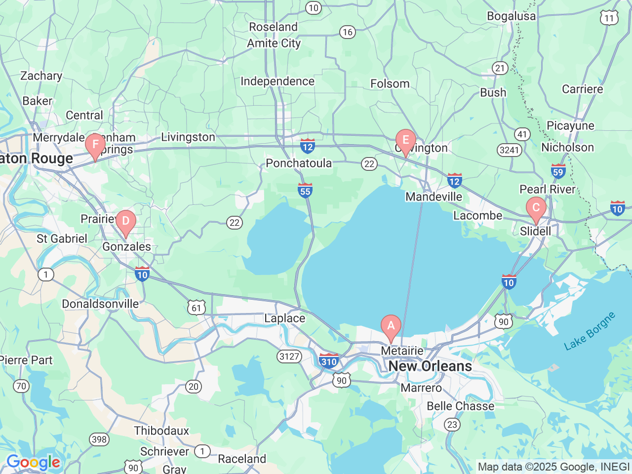 Map of Ochsner-affiliated facilities that provide services related to Ochsner Healthy Back