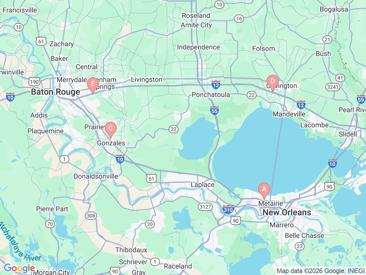 Map of Ochsner-affiliated facilities that provide services related to Ochsner Healthy Back