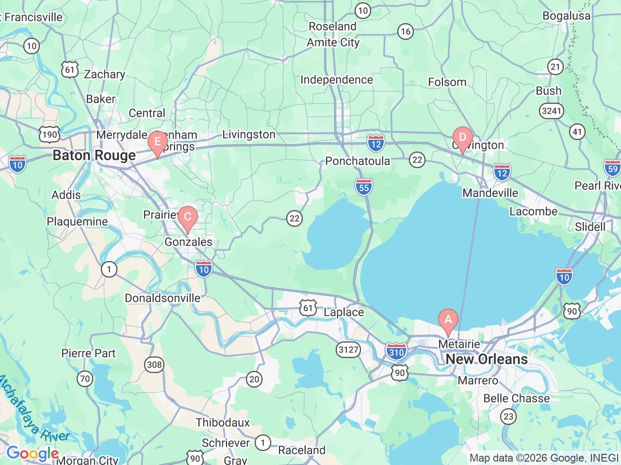 Map of Ochsner-affiliated facilities that provide services related to Ochsner Healthy Back