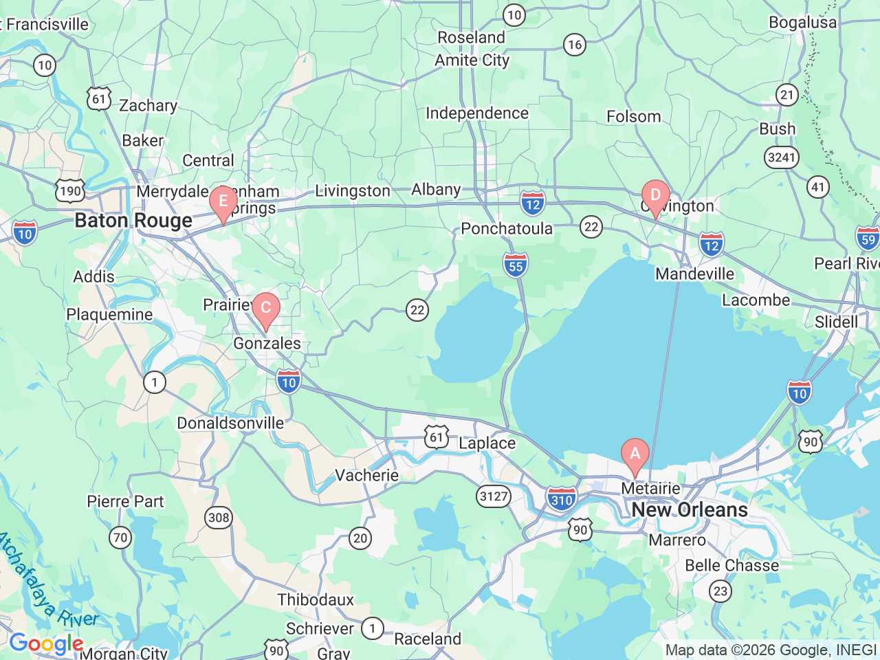 Map of Ochsner-affiliated facilities that provide services related to Ochsner Healthy Back