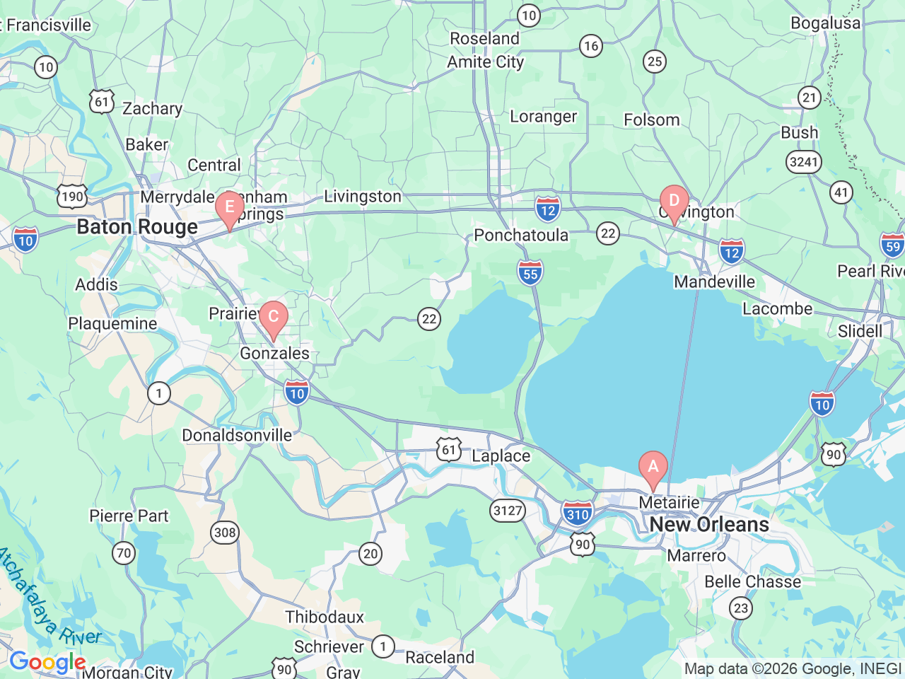 Map of Ochsner-affiliated facilities that provide services related to Ochsner Healthy Back