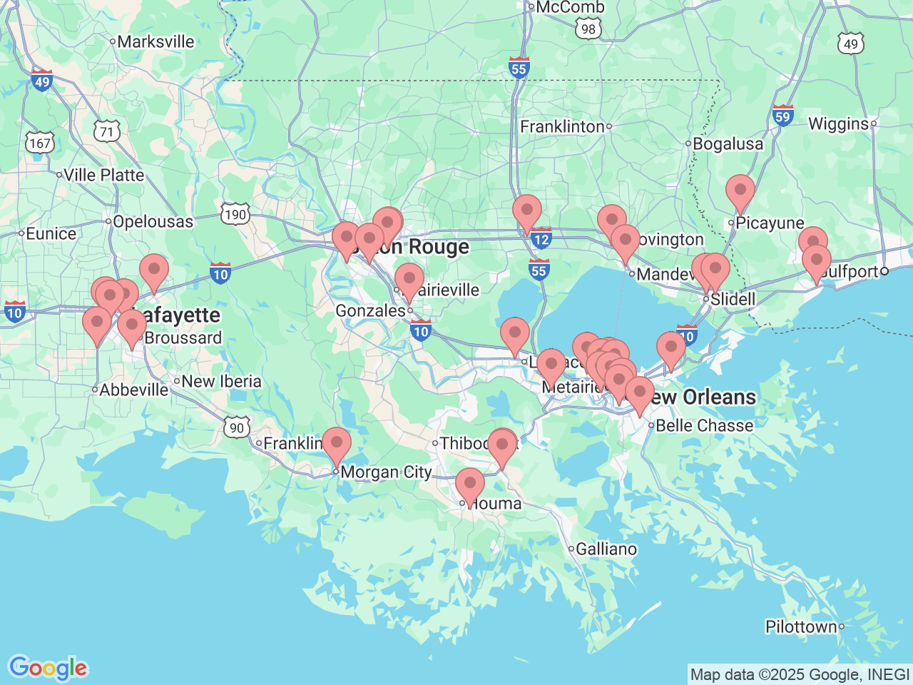 Map of Ochsner-affiliated facilities that provide services related to Therapy and Wellness