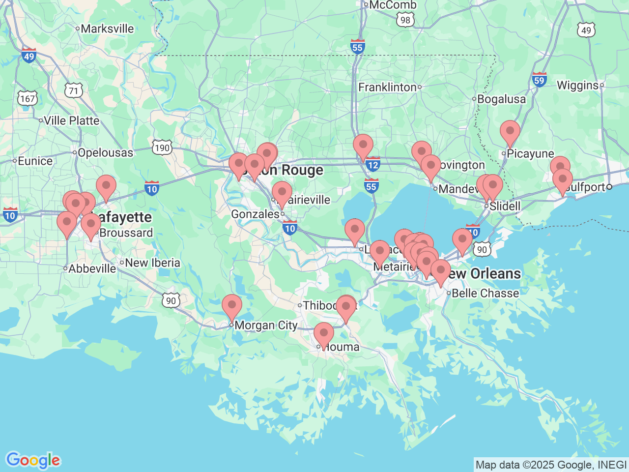 Map of Ochsner-affiliated facilities that provide services related to Therapy and Wellness