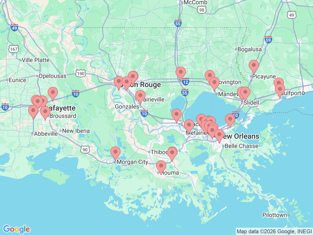 Map of Ochsner-affiliated facilities that provide services related to Therapy and Wellness