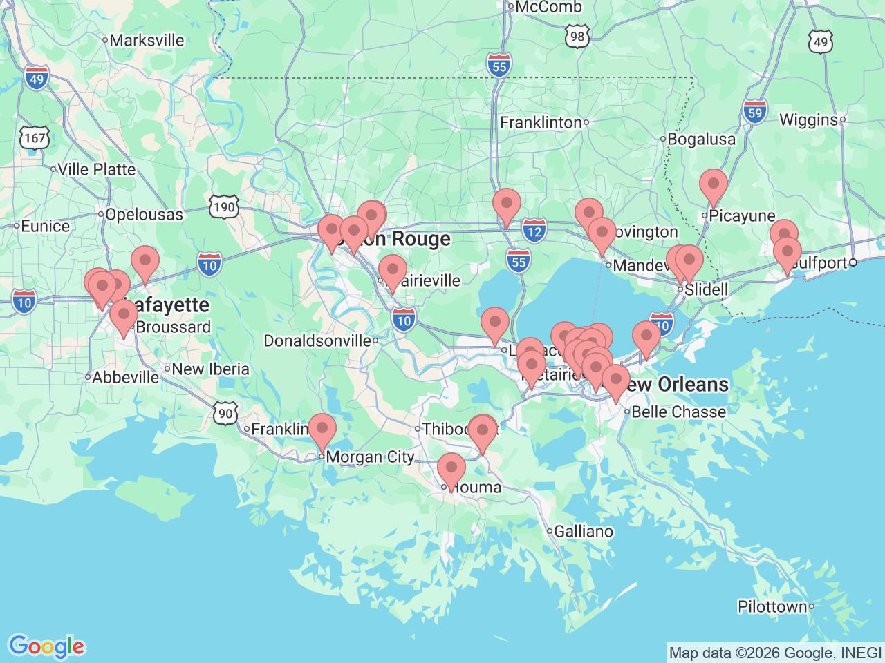 Map of Ochsner-affiliated facilities that provide services related to Therapy and Wellness