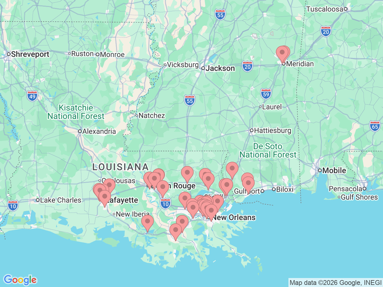 Map of Ochsner-affiliated facilities that provide services related to Therapy and Wellness