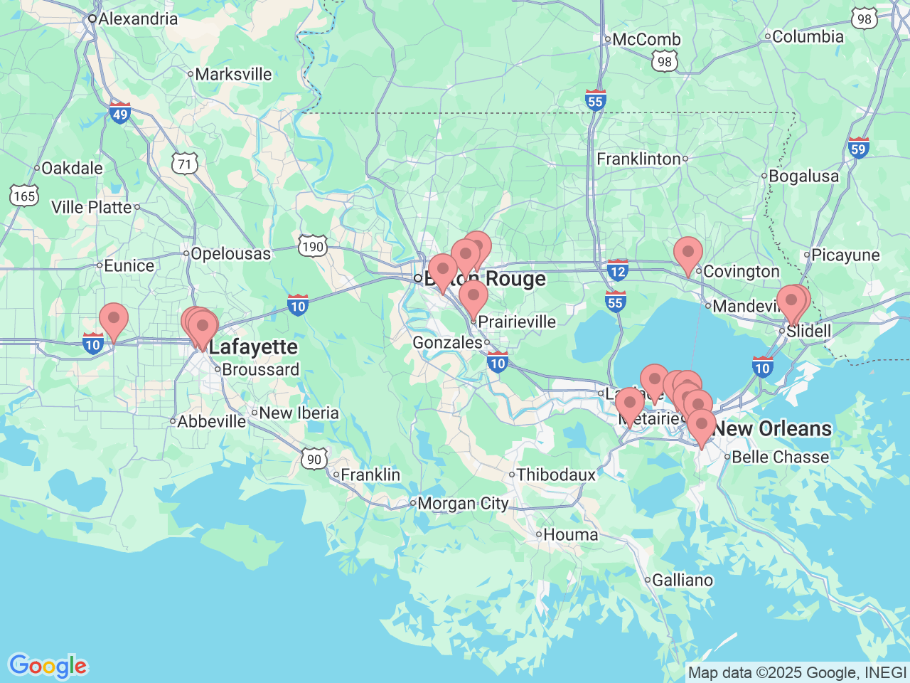 Map of Ochsner-affiliated facilities that provide services related to Ophthalmology and Optometry