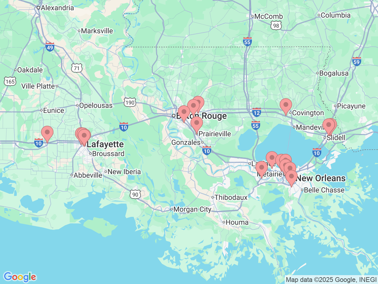 Map of Ochsner-affiliated facilities that provide services related to Ophthalmology and Optometry