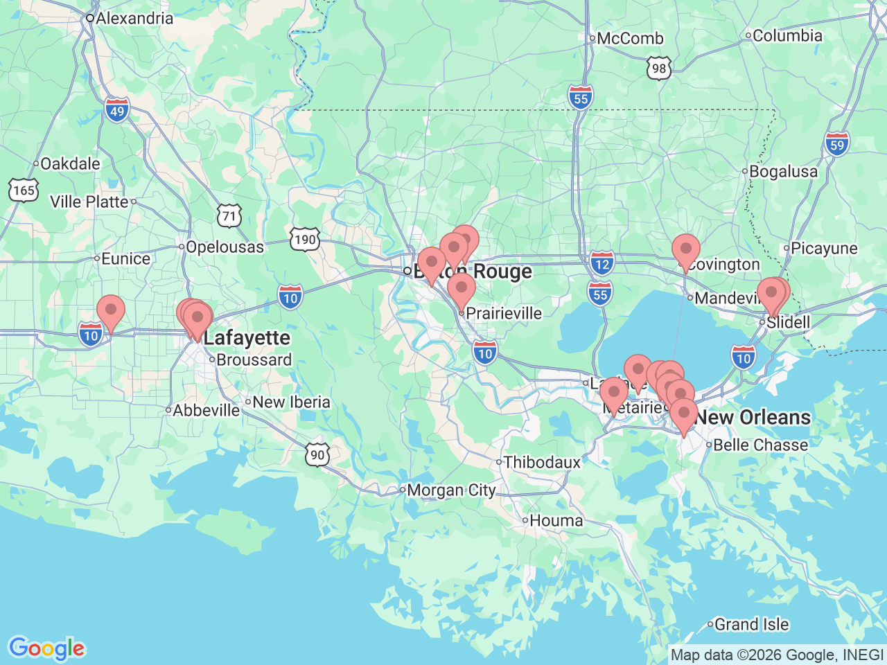 Map of Ochsner-affiliated facilities that provide services related to Ophthalmology and Optometry