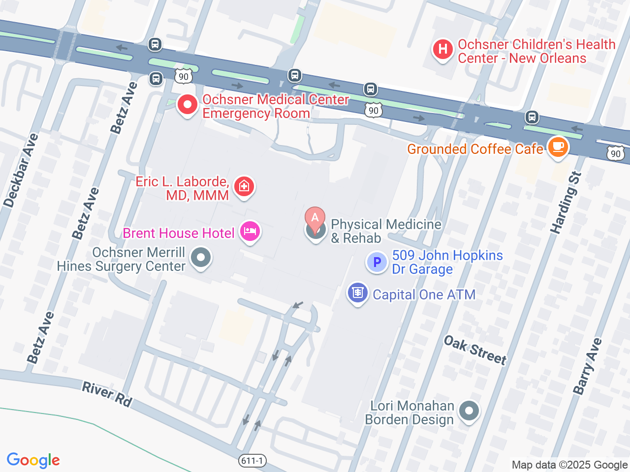 Map of Ochsner-affiliated facilities that provide services related to Ochsner Transplant Institute
