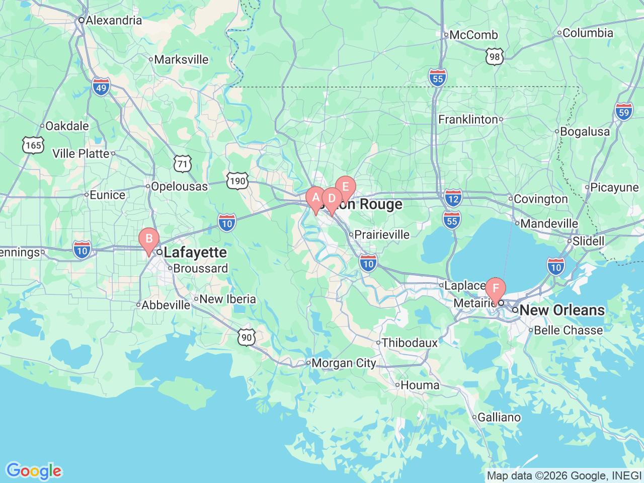 Map of Ochsner-affiliated facilities that provide services related to Orthobiologics: ​Advanced Injection Therapies
