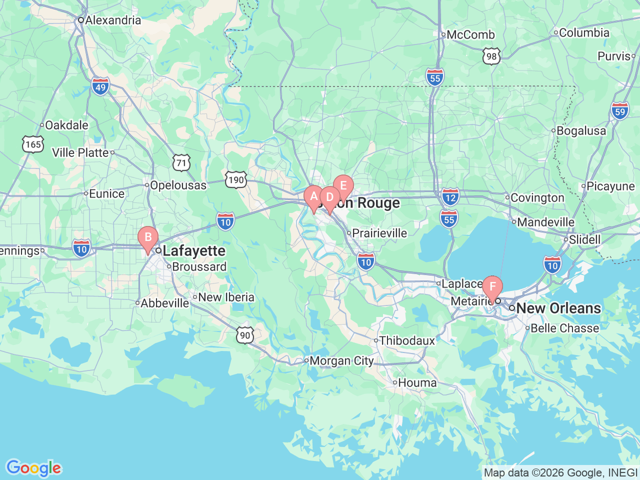 Map of Ochsner-affiliated facilities that provide services related to Orthobiologics: ​Advanced Injection Therapies