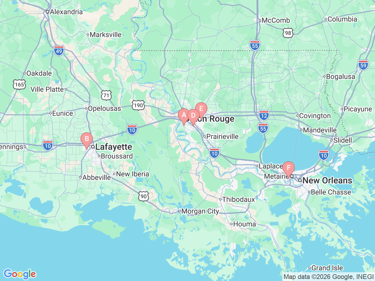 Map of Ochsner-affiliated facilities that provide services related to Orthobiologics: ​Advanced Injection Therapies