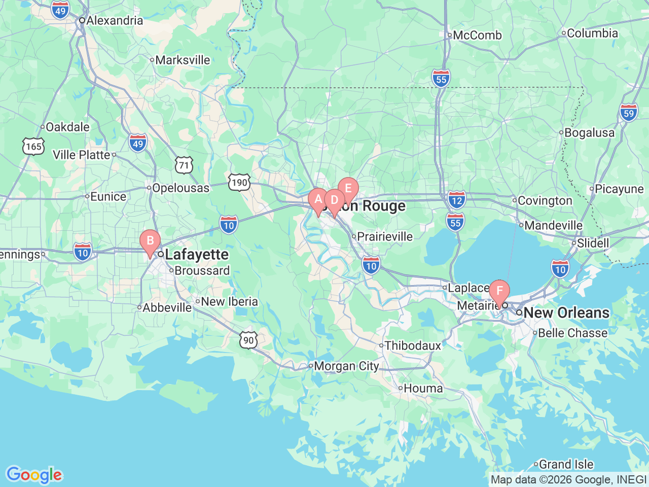 Map of Ochsner-affiliated facilities that provide services related to Orthobiologics: ​Advanced Injection Therapies