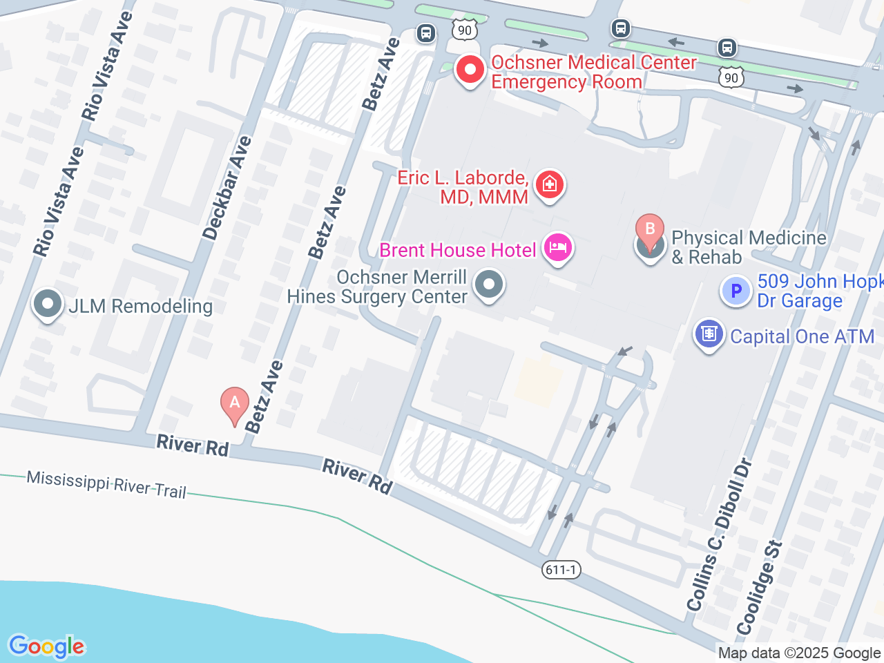 Map of Ochsner-affiliated facilities that provide services related to Orthopedic Oncology
