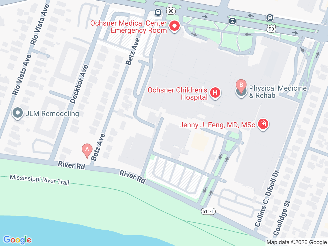 Map of Ochsner-affiliated facilities that provide services related to Orthopedic Oncology