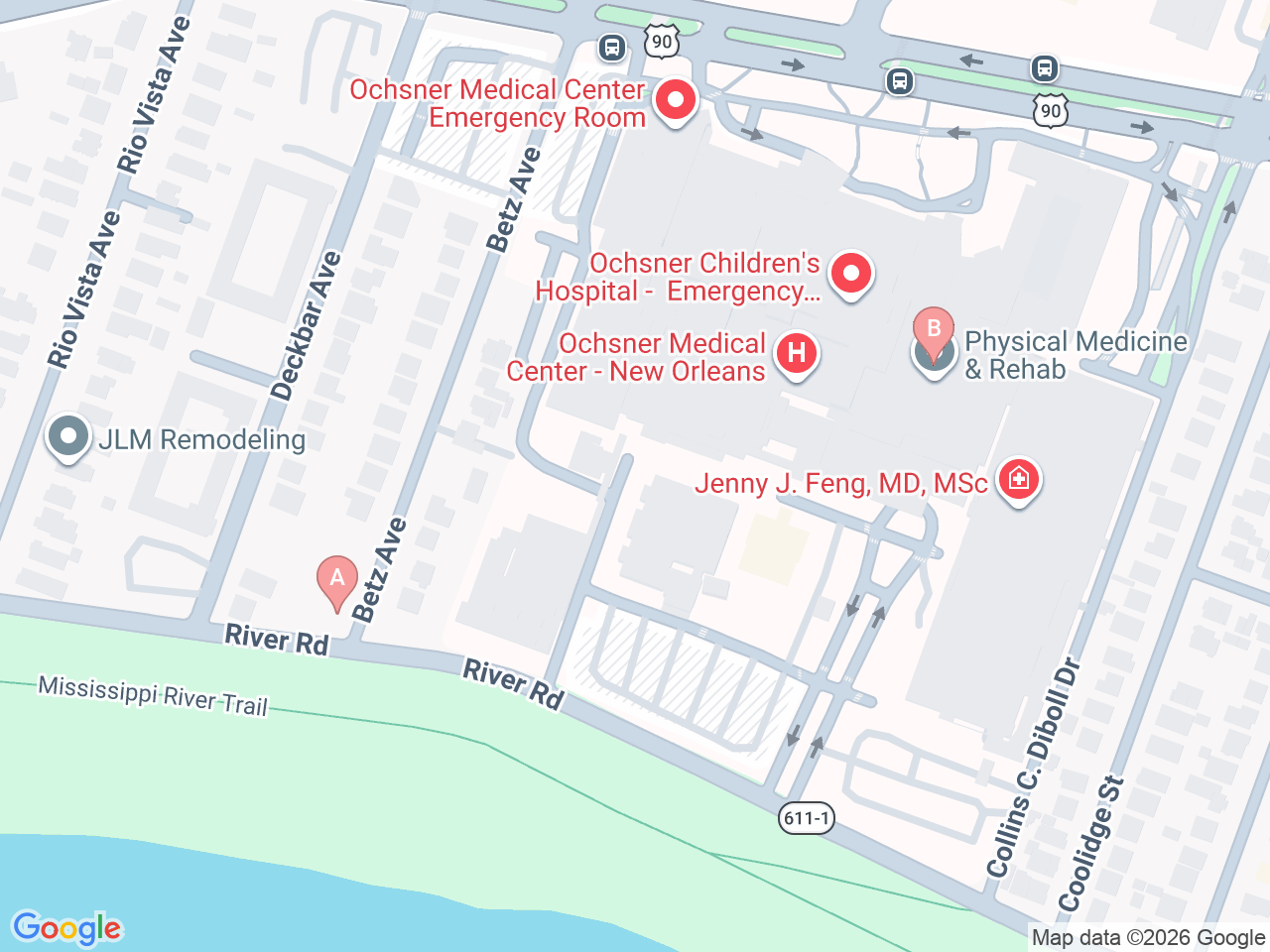 Map of Ochsner-affiliated facilities that provide services related to Orthopedic Oncology