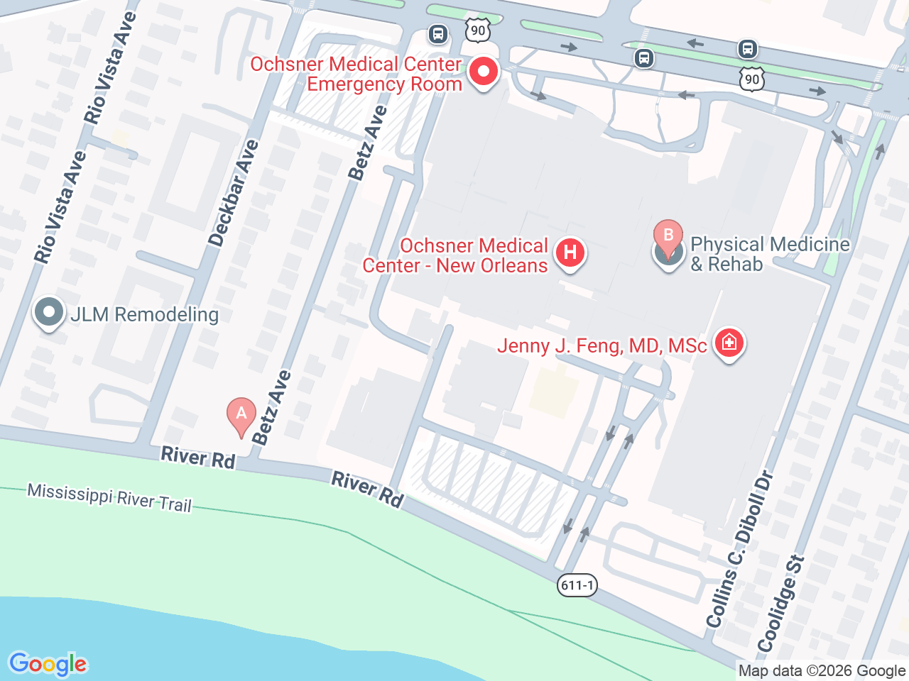 Map of Ochsner-affiliated facilities that provide services related to Orthopedic Oncology