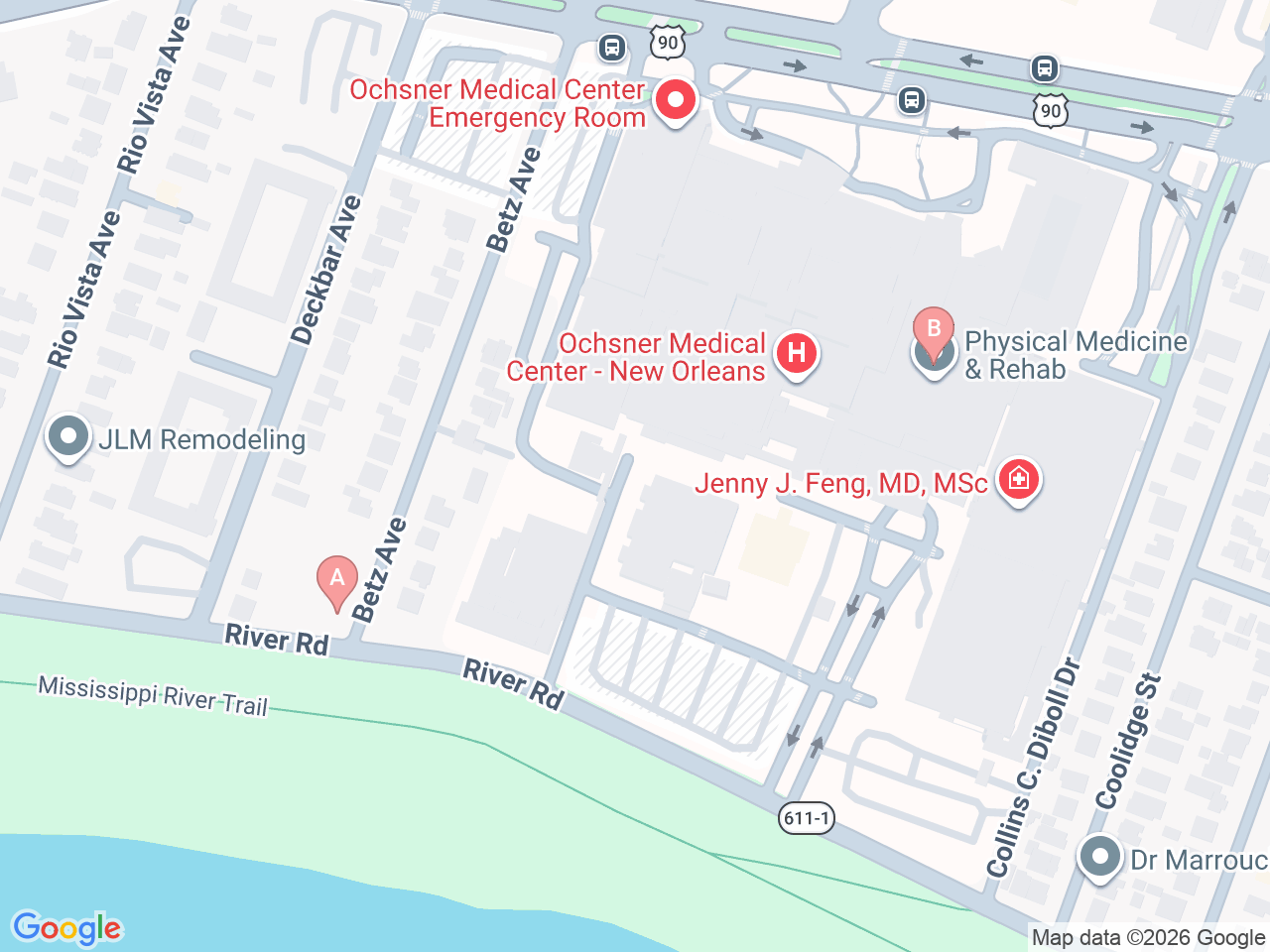Map of Ochsner-affiliated facilities that provide services related to Orthopedic Oncology