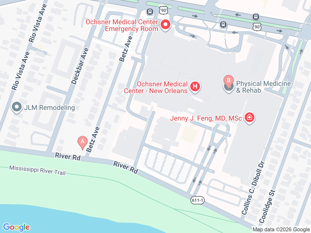 Map of Ochsner-affiliated facilities that provide services related to Orthopedic Oncology