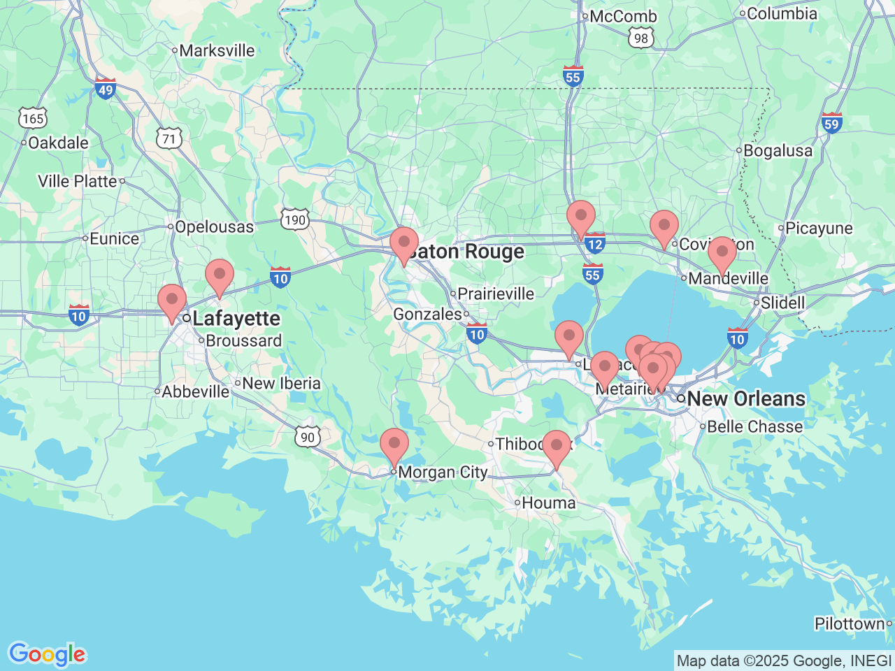Map of Ochsner-affiliated facilities that provide services related to Orthopedic Rehabilitation