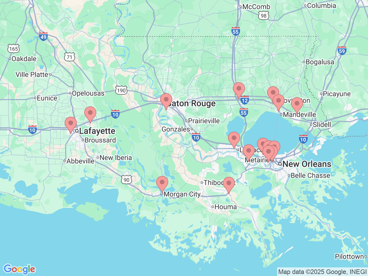 Map of Ochsner-affiliated facilities that provide services related to Orthopedic Rehabilitation