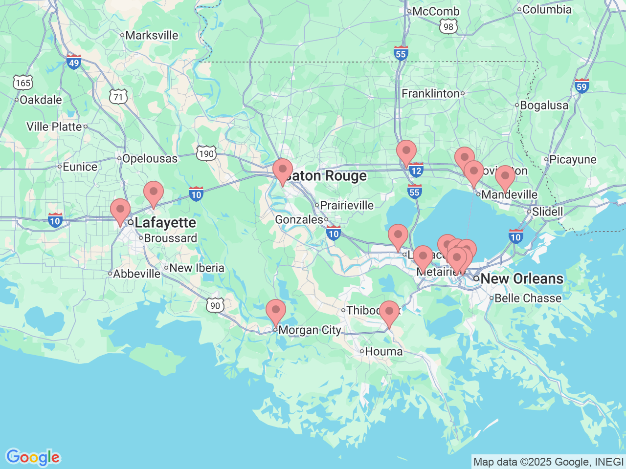 Map of Ochsner-affiliated facilities that provide services related to Orthopedic Rehabilitation