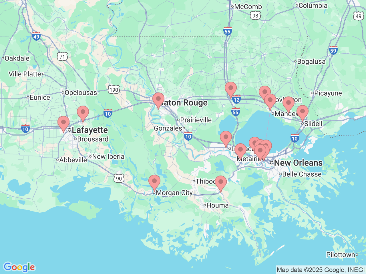 Map of Ochsner-affiliated facilities that provide services related to Orthopedic Rehabilitation
