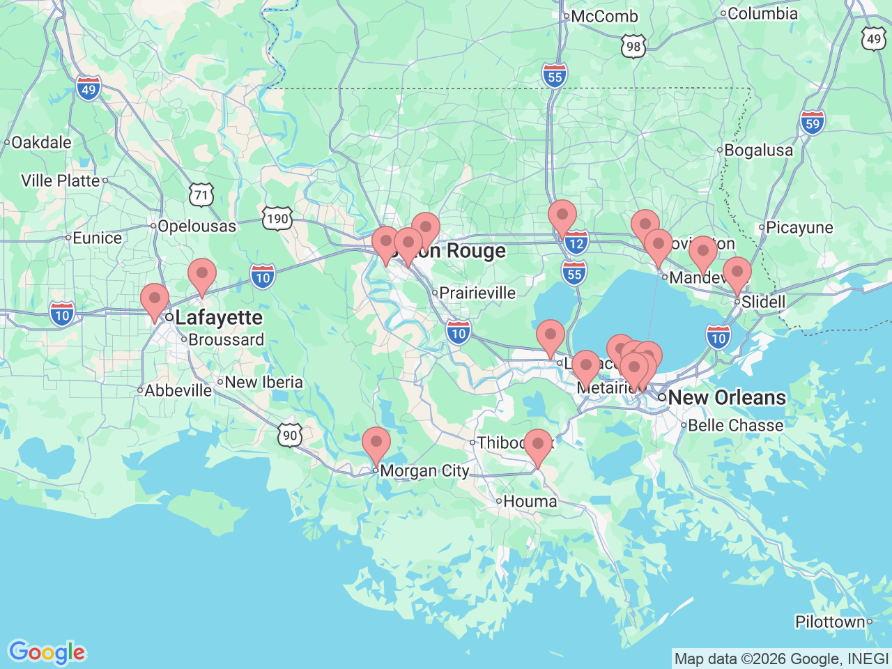 Map of Ochsner-affiliated facilities that provide services related to Orthopedic Rehabilitation
