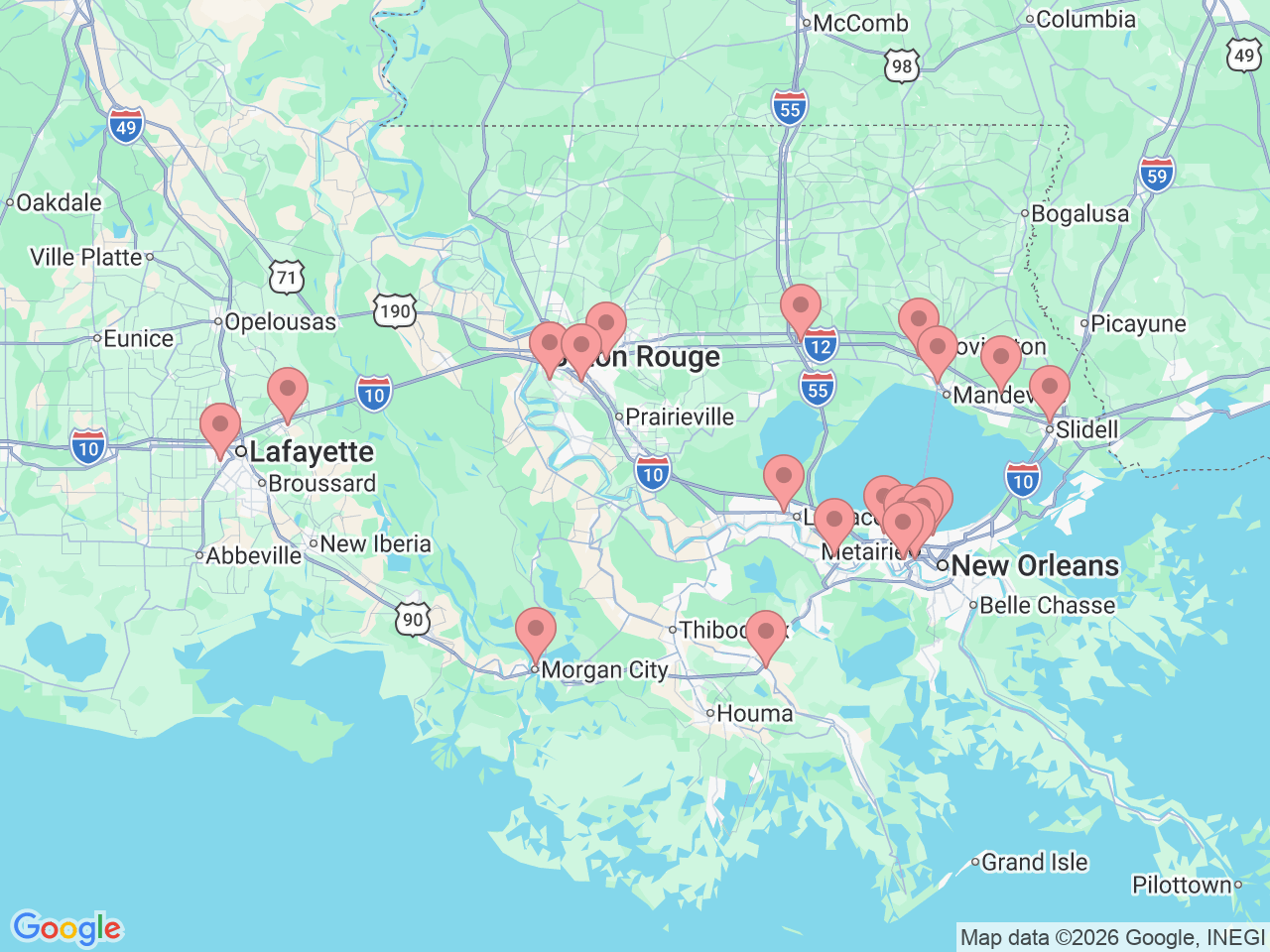 Map of Ochsner-affiliated facilities that provide services related to Orthopedic Rehabilitation