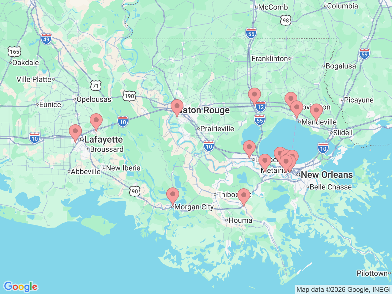 Map of Ochsner-affiliated facilities that provide services related to Orthopedic Rehabilitation