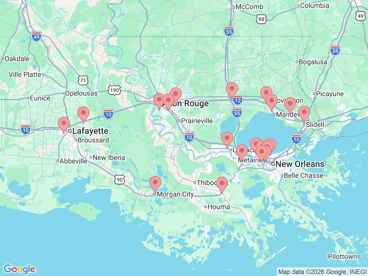 Map of Ochsner-affiliated facilities that provide services related to Orthopedic Rehabilitation