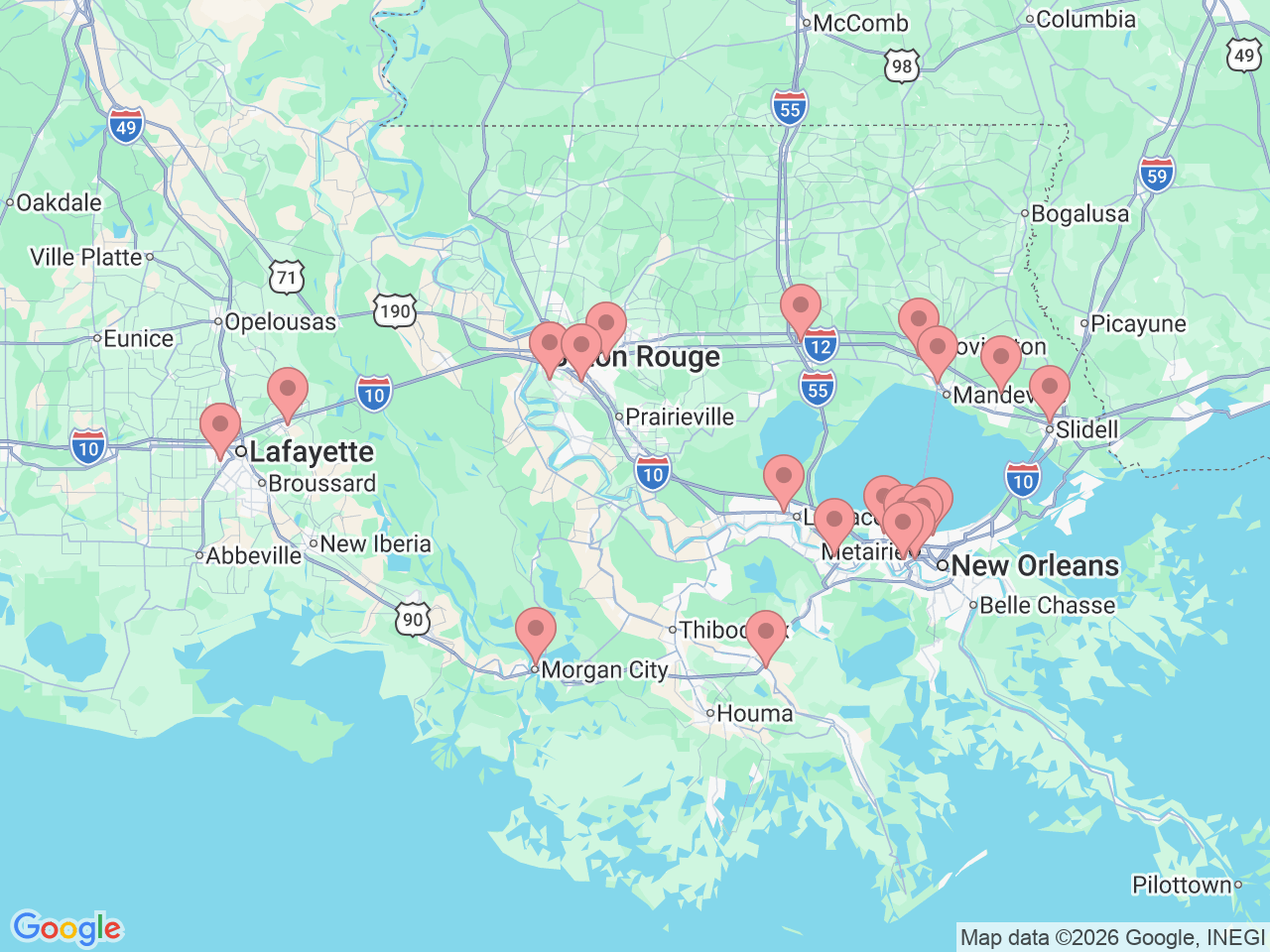 Map of Ochsner-affiliated facilities that provide services related to Orthopedic Rehabilitation